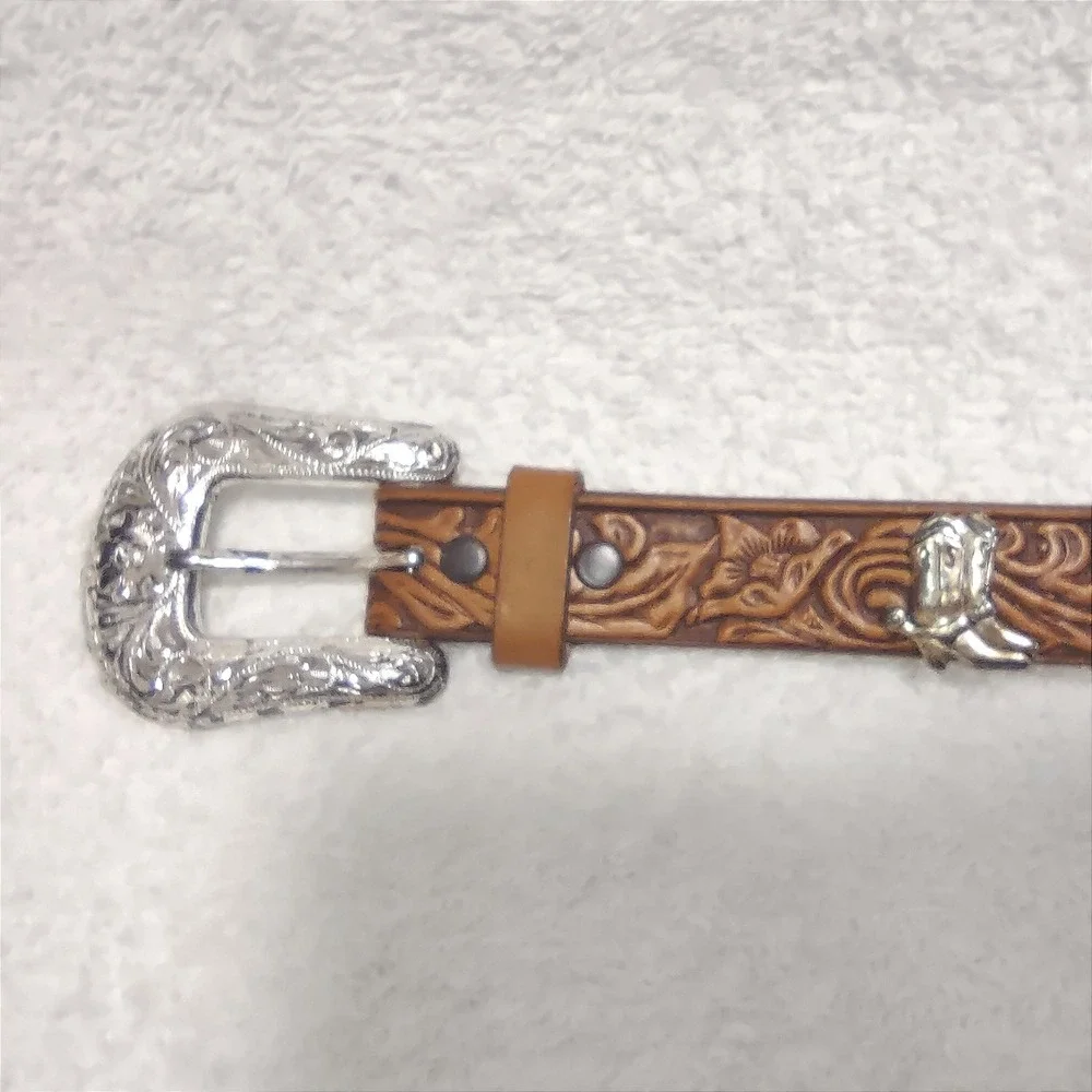 Justin Western Leather Belt Silver Bull Boot Horseshoe Buckle Tooling Size 32